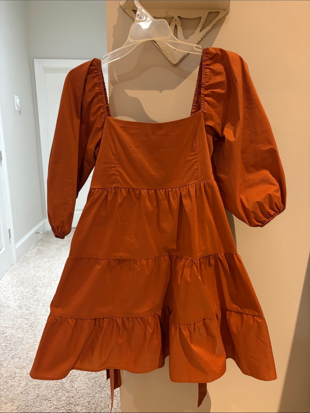 Olivaceous Terracotta Puff-Sleeve Tiered Dress